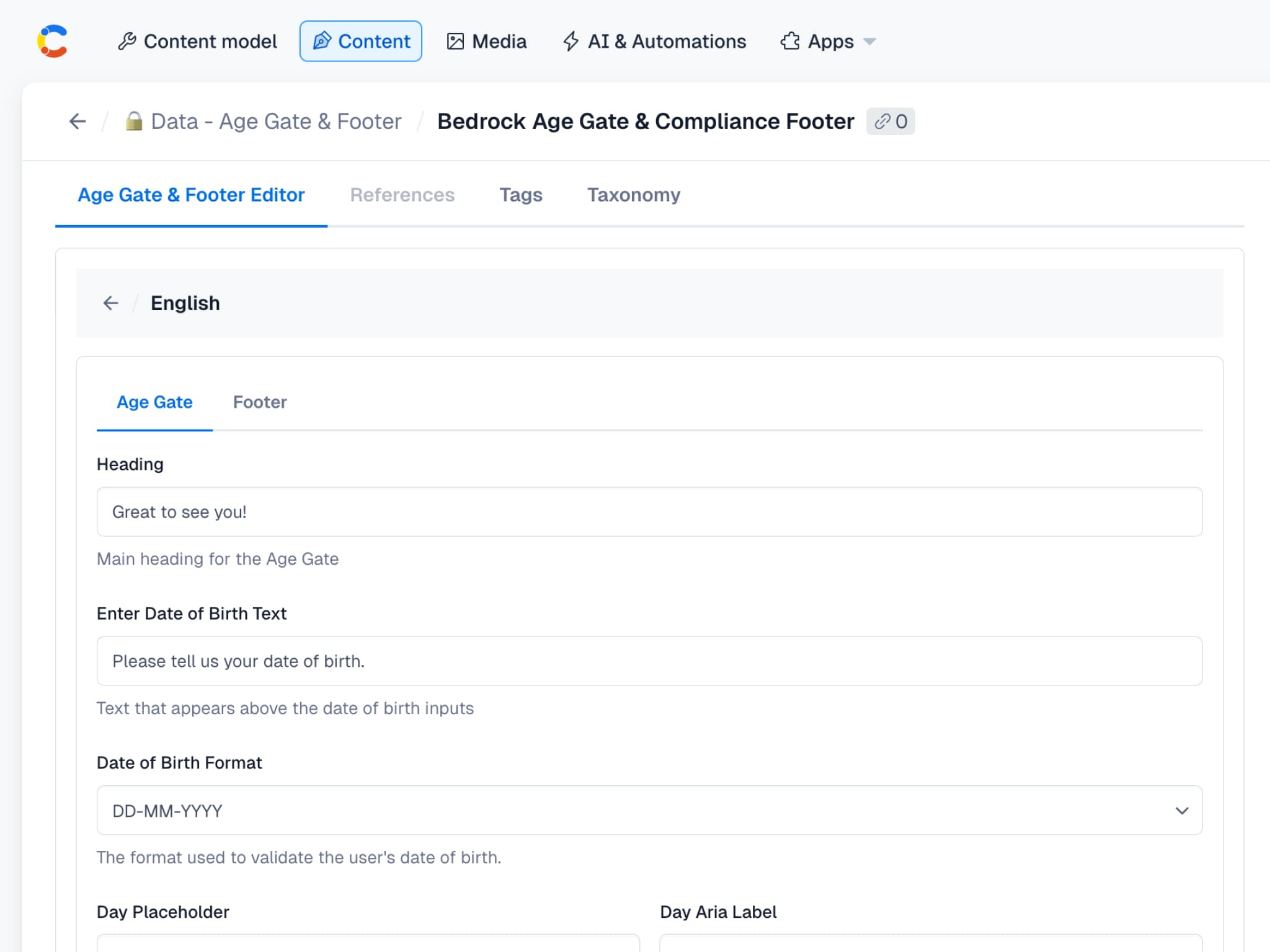 Contentful admin interface showing age gate configuration example