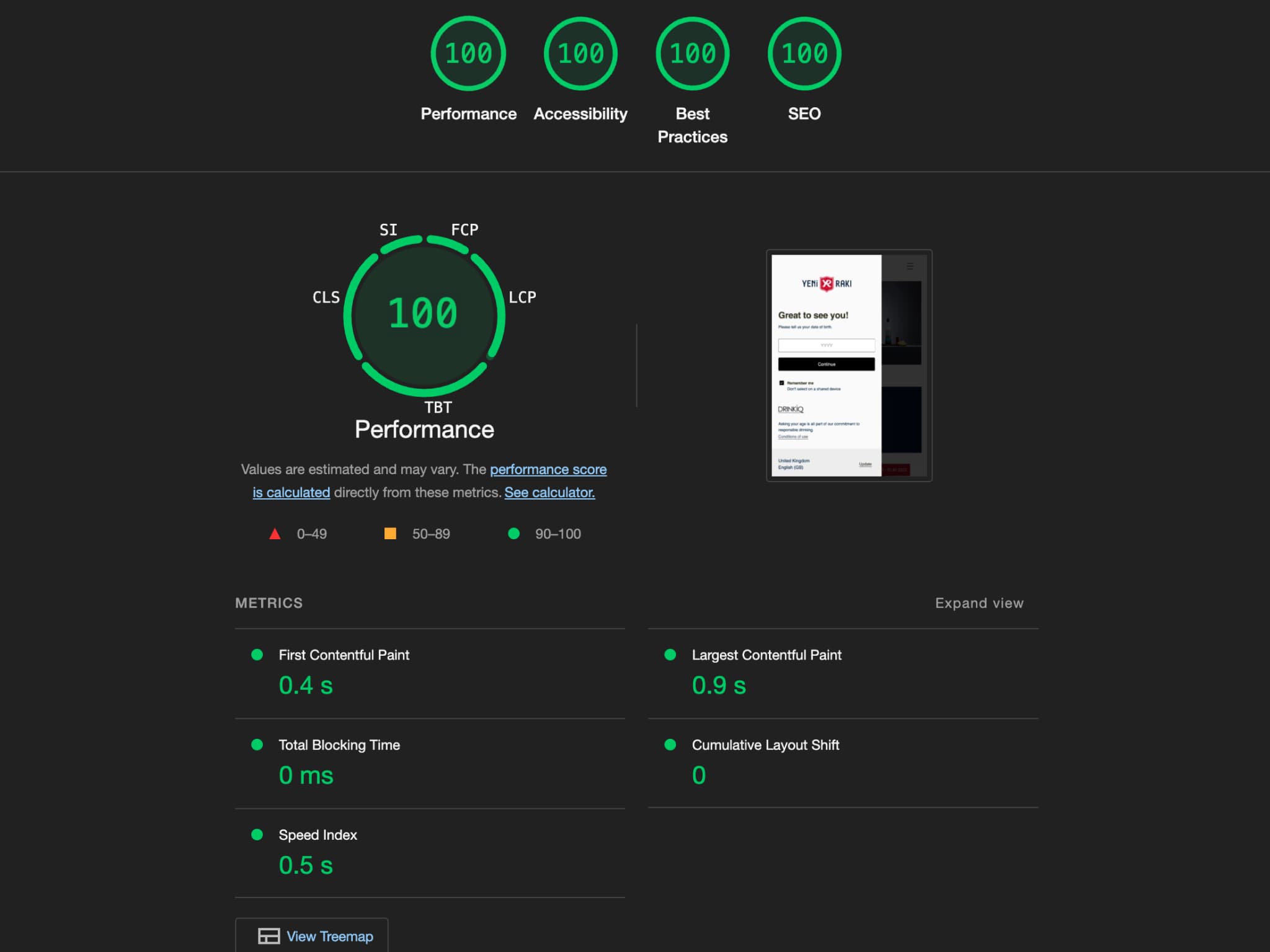 Lighthouse performance snapshot showing perfect CRUX scores for Diageo age gate