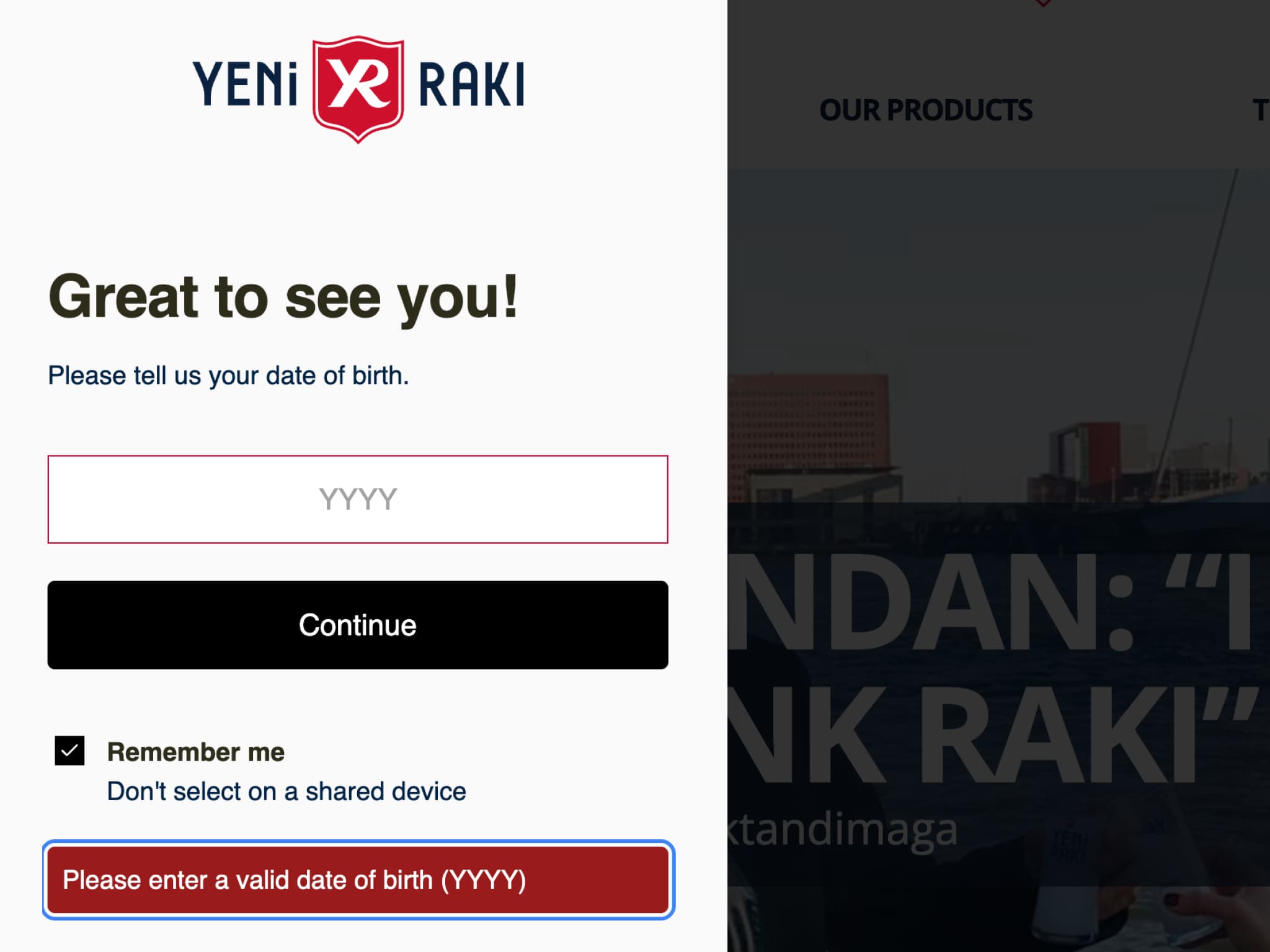 Error validation example from age gate implementation on yeniraki.com