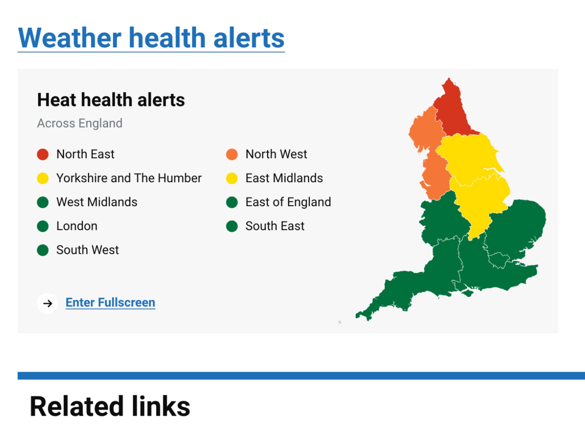 Weather health alerts mini map example on UKHSA dashboard