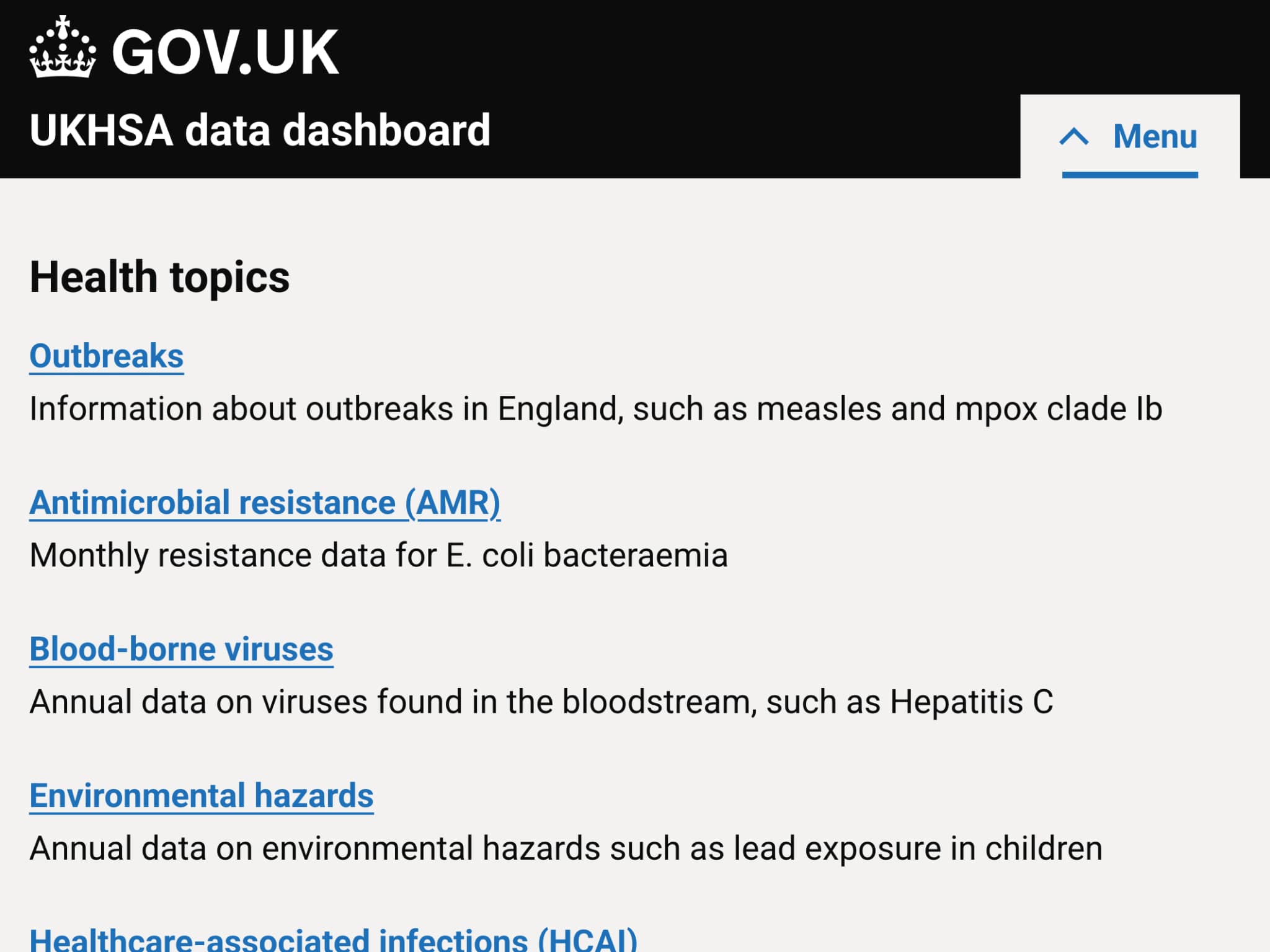 Mobile responsive navigation system example on UKHSA dashboard